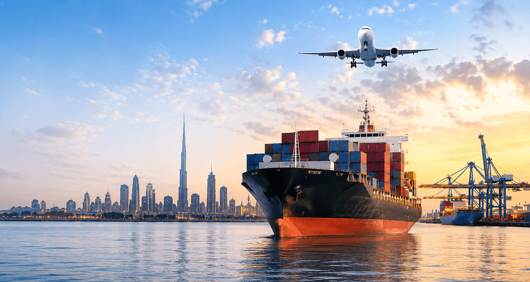 Container ship and cargo aircraft against the Dubai skyline at sunset